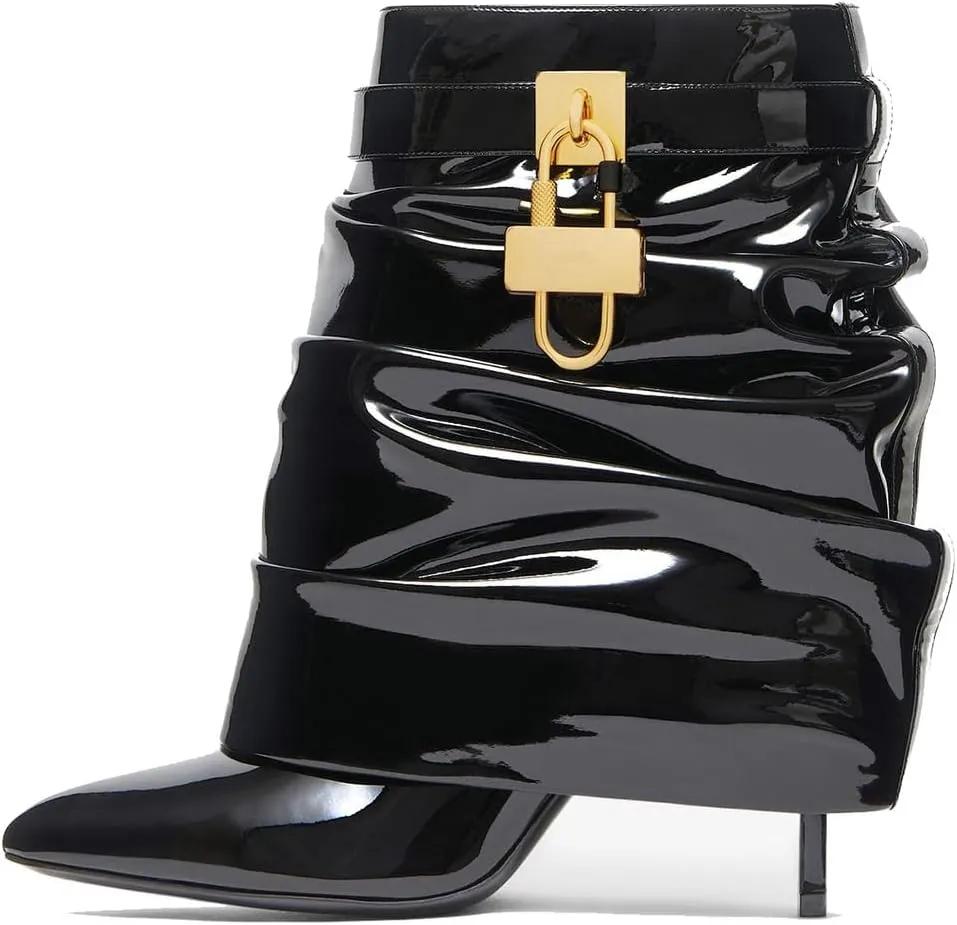 THESHY Women's Fold Over Stiletto Ankle Boots Pointed Toe Lock Mid Calf Shark Bootie Pull on Fashion Party Winter Boots for Women