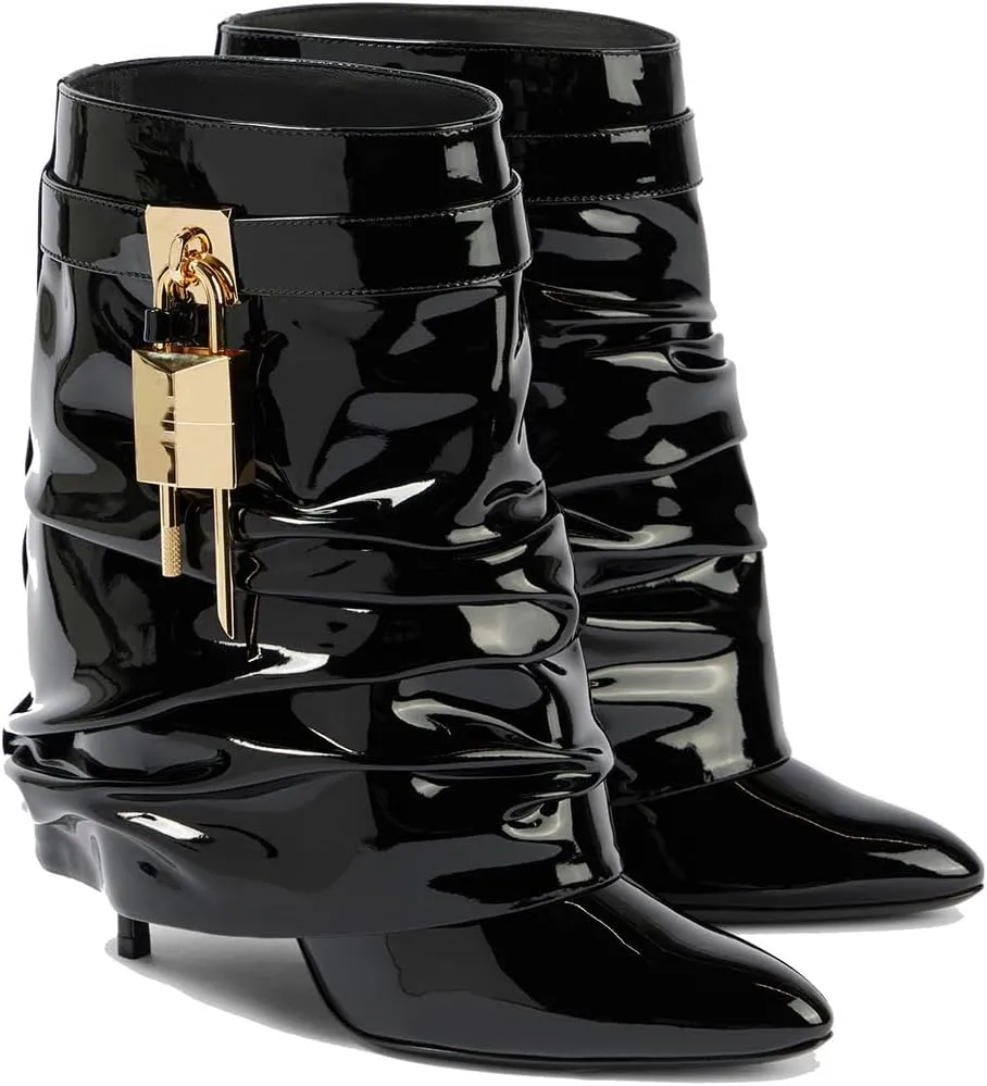 THESHY Women's Fold Over Stiletto Ankle Boots Pointed Toe Lock Mid Calf Shark Bootie Pull on Fashion Party Winter Boots for Women