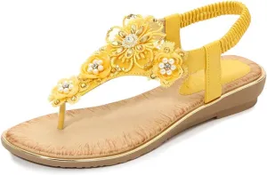 Thong Sandals for Women Beach,Bohemia Floral Flat Sandals T-Strap Summer Beach Glitter Beaded Elastic Flip-Flop Thong Shoes