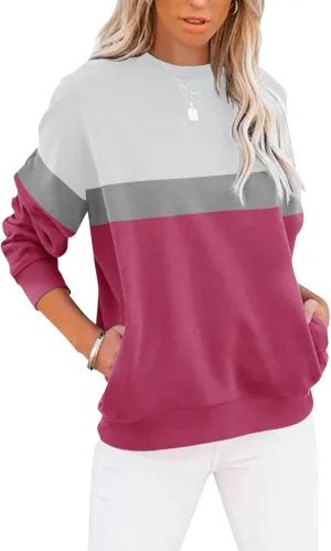 TICTICMIMI Women's Casual Long Sleeve Color Block/Solid Tops Crewneck Sweatshirts Cute Loose Fit Pullover with Pockets
