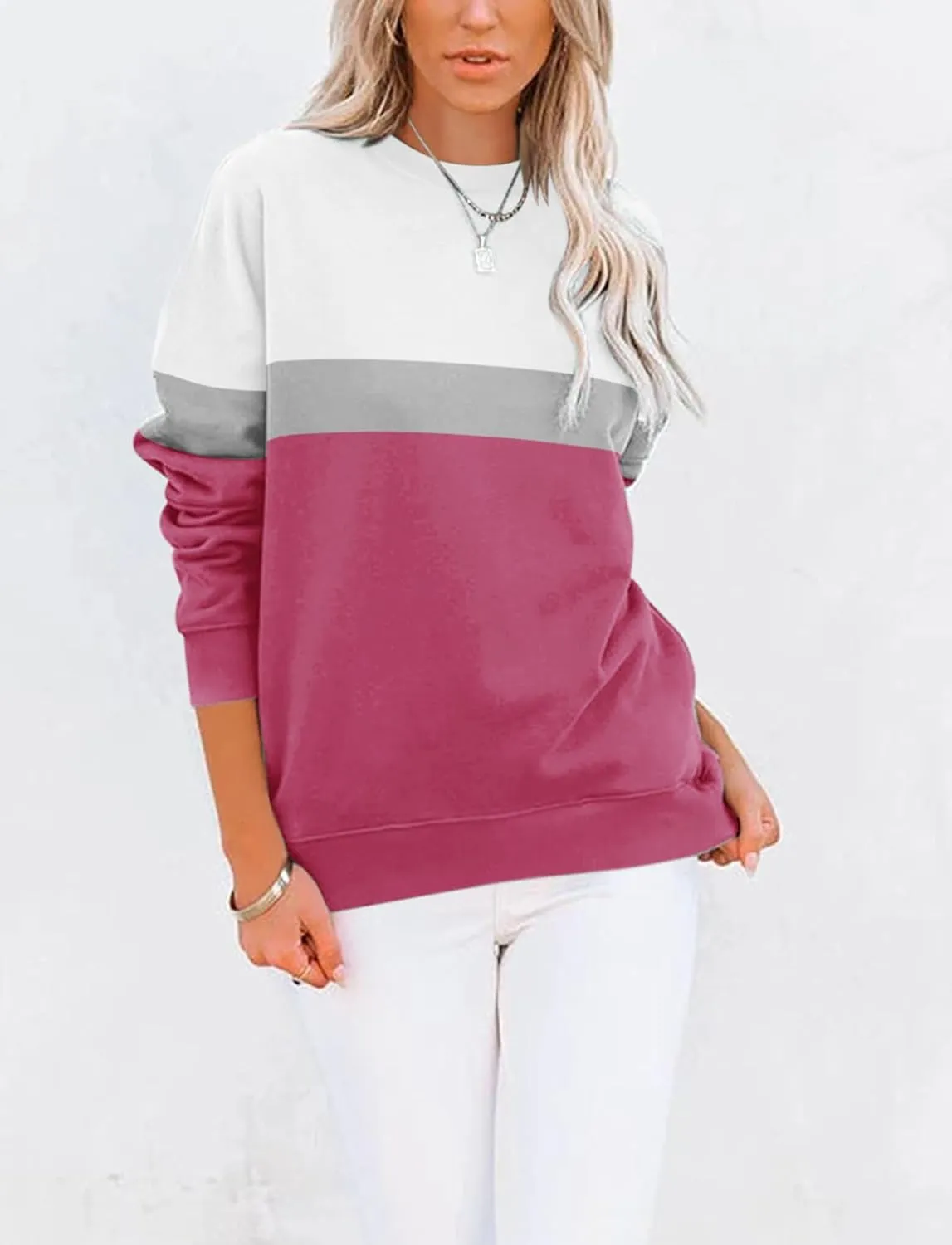 TICTICMIMI Women's Casual Long Sleeve Color Block/Solid Tops Crewneck Sweatshirts Cute Loose Fit Pullover with Pockets