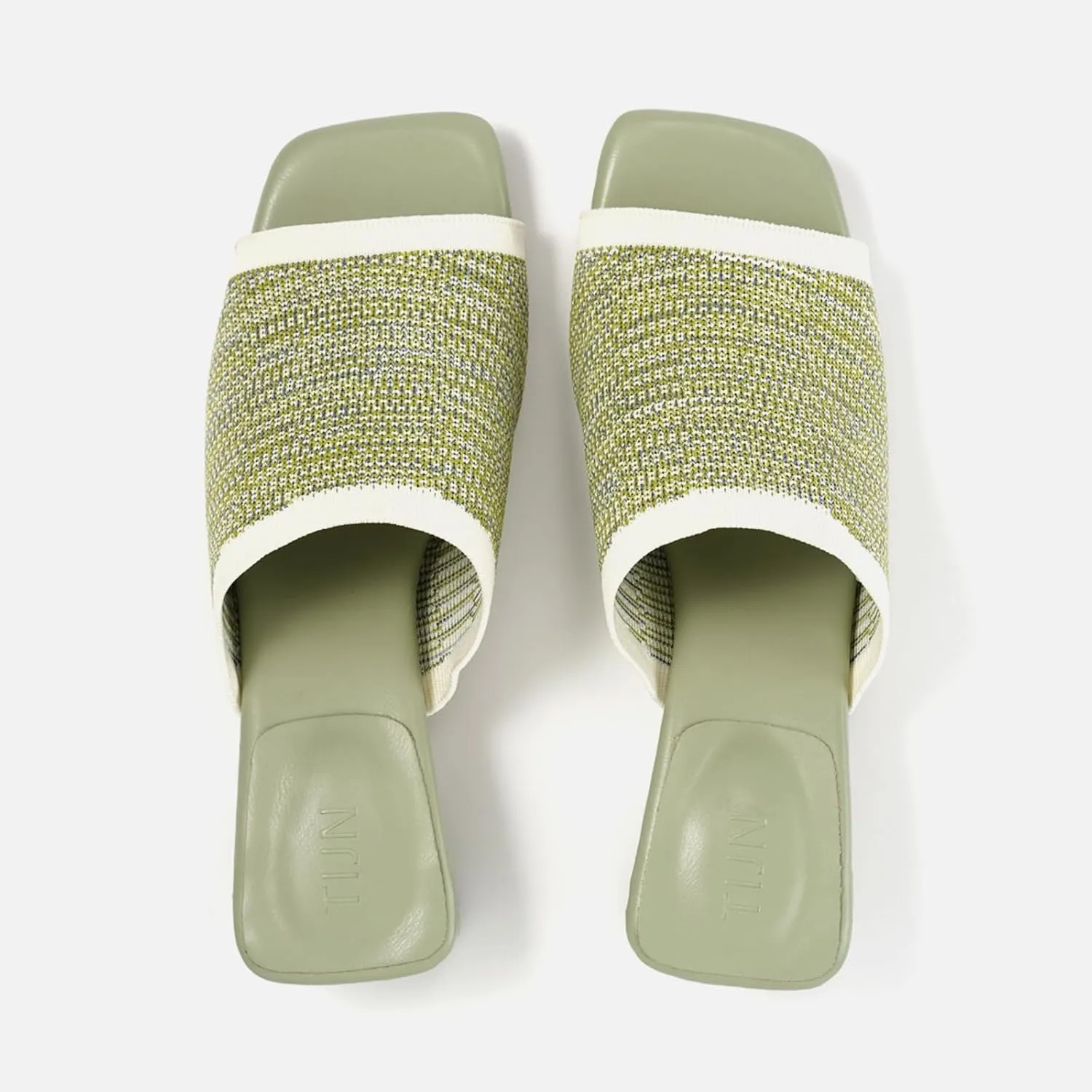 TIJN Open Toe Heeled Mules for Women, Square Flat, Triangle Low Block Heels, Breathable Recycled Knit Fabric, 100% Vegan, No Squeezing, Slip-On Design(Katrin)