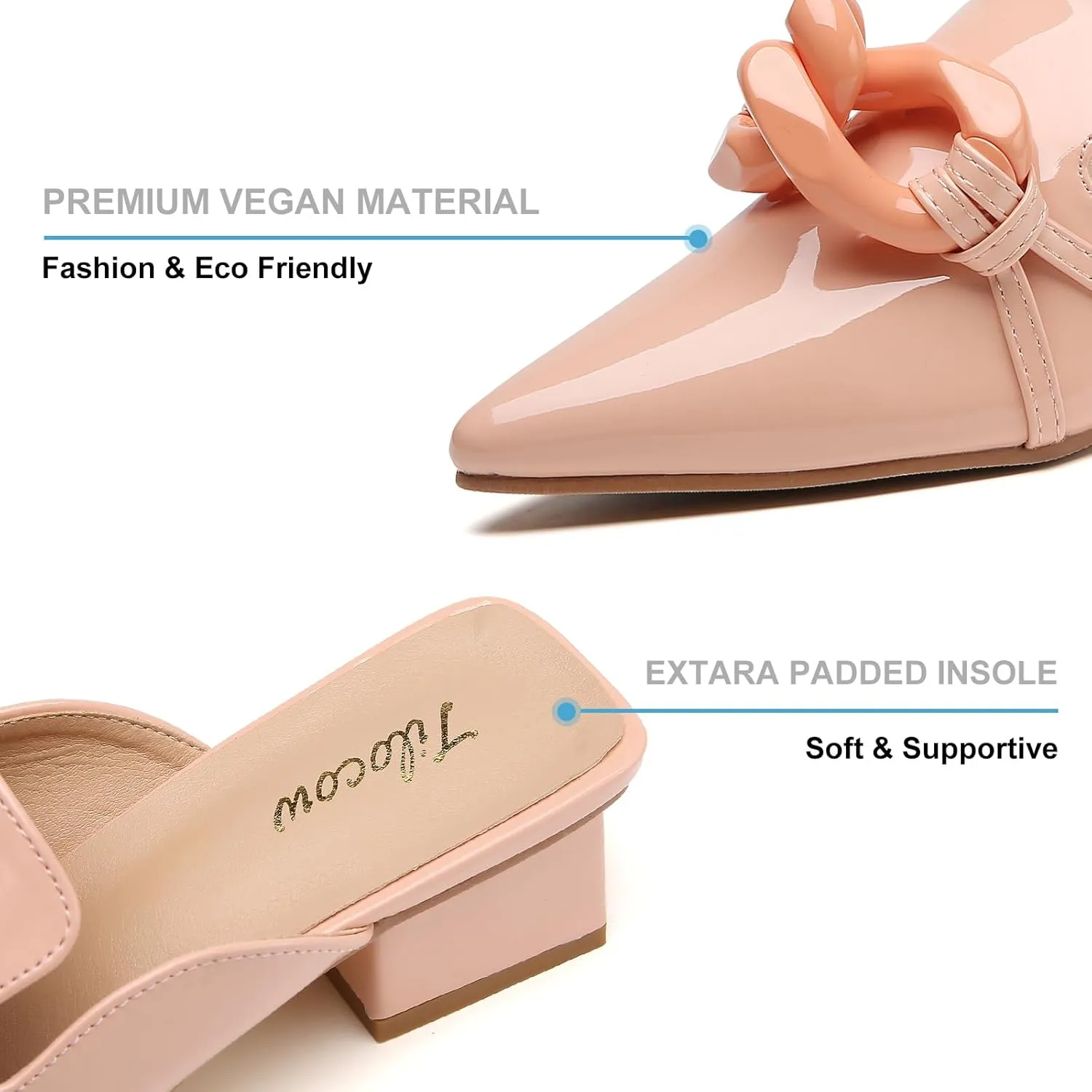 Tilocow Chain Decor Mules Heels for Women Pointed Toe Heeled Sandals Women Chunky Heel Mules Womens Slide Shoes