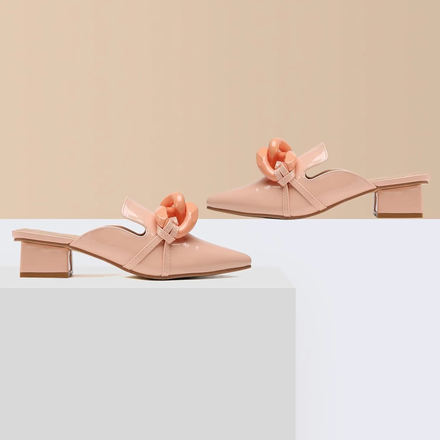 Tilocow Chain Decor Mules Heels for Women Pointed Toe Heeled Sandals Women Chunky Heel Mules Womens Slide Shoes