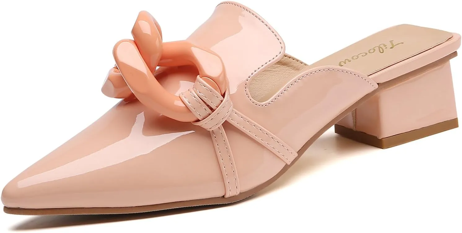 Tilocow Chain Decor Mules Heels for Women Pointed Toe Heeled Sandals Women Chunky Heel Mules Womens Slide Shoes
