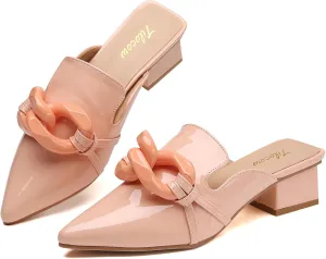 Tilocow Chain Decor Mules Heels for Women Pointed Toe Heeled Sandals Women Chunky Heel Mules Womens Slide Shoes