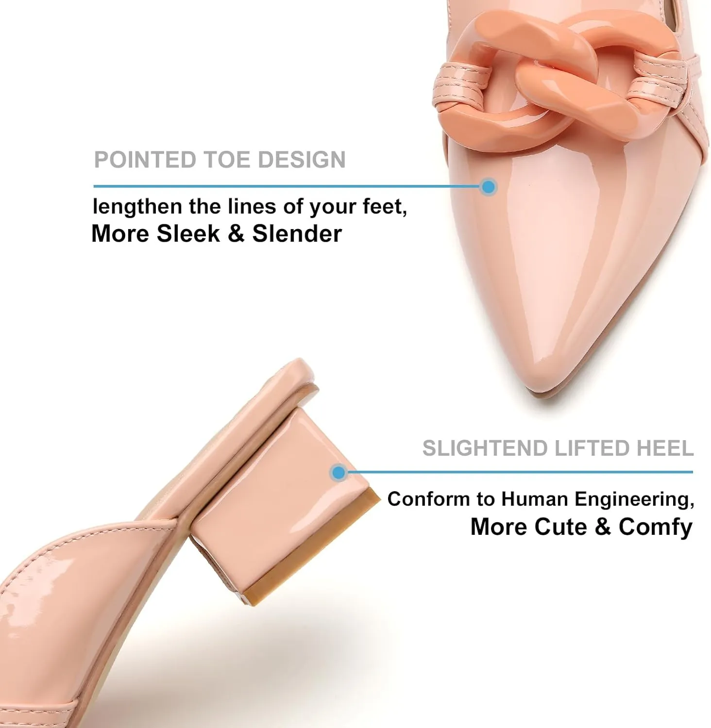 Tilocow Chain Decor Mules Heels for Women Pointed Toe Heeled Sandals Women Chunky Heel Mules Womens Slide Shoes