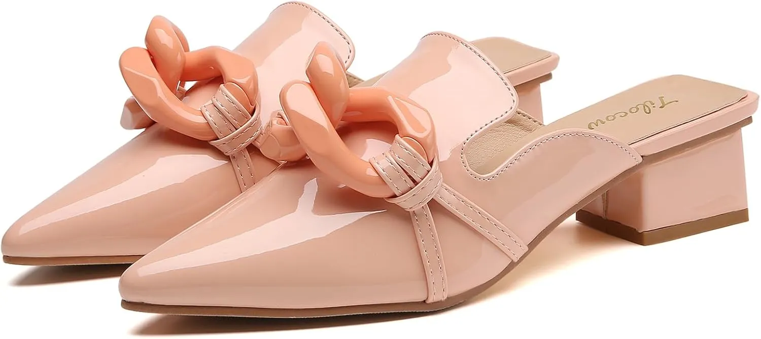 Tilocow Chain Decor Mules Heels for Women Pointed Toe Heeled Sandals Women Chunky Heel Mules Womens Slide Shoes