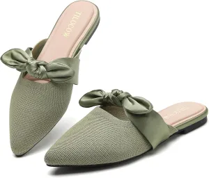 Tilocow Knit Mules for Woman Pointed Toe Flats Bow Mules Slip On Slides Flats Shoes Women Dressy Comfortable