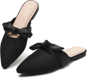Tilocow Knit Mules for Woman Pointed Toe Flats Bow Mules Slip On Slides Flats Shoes Women Dressy Comfortable