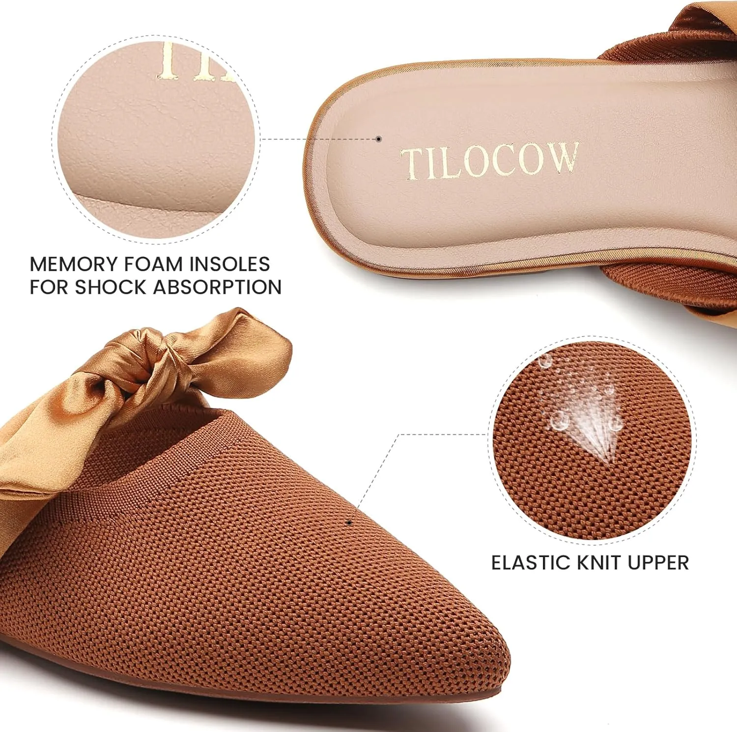 Tilocow Knit Mules for Woman Pointed Toe Flats Bow Mules Slip On Slides Flats Shoes Women Dressy Comfortable