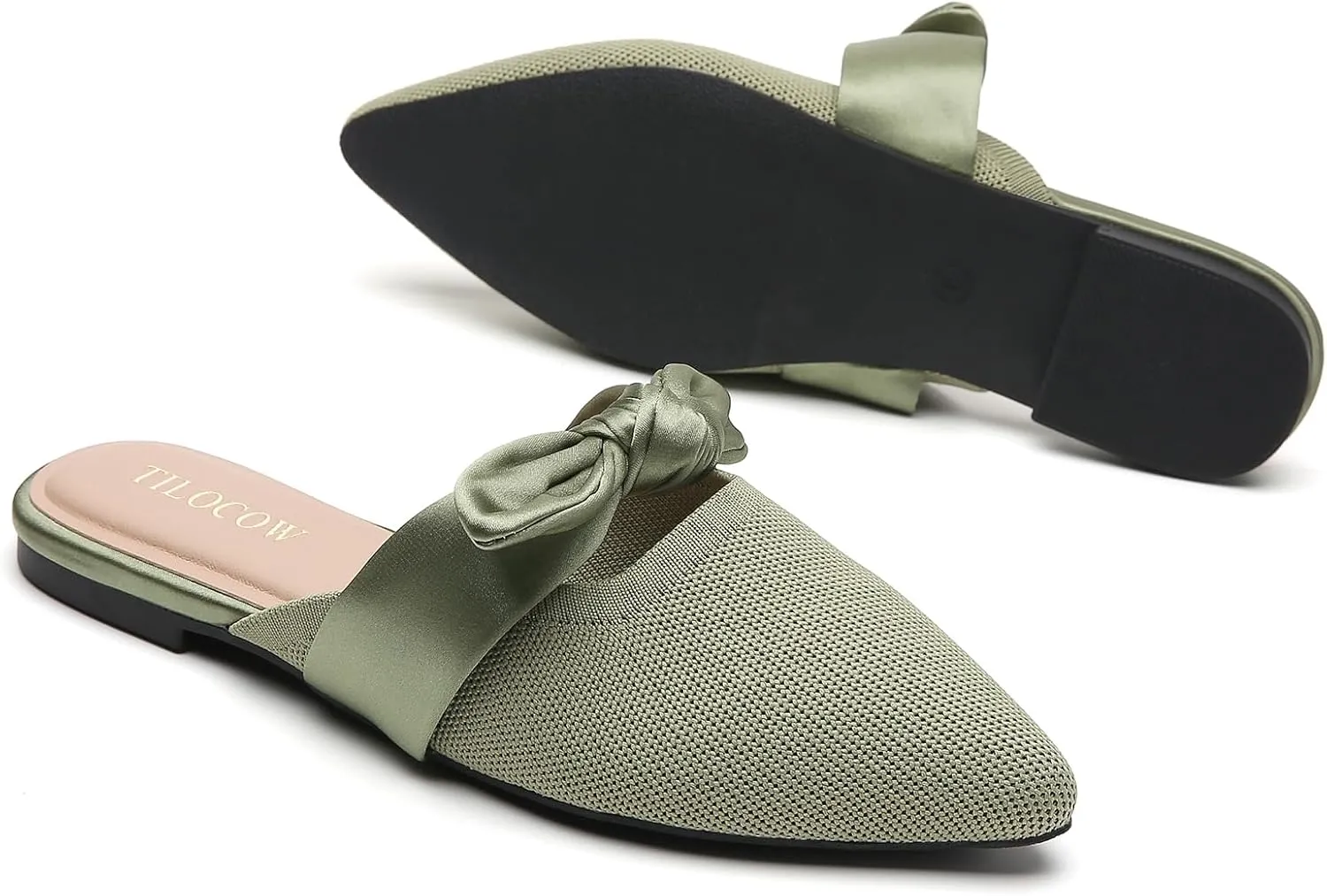 Tilocow Knit Mules for Woman Pointed Toe Flats Bow Mules Slip On Slides Flats Shoes Women Dressy Comfortable