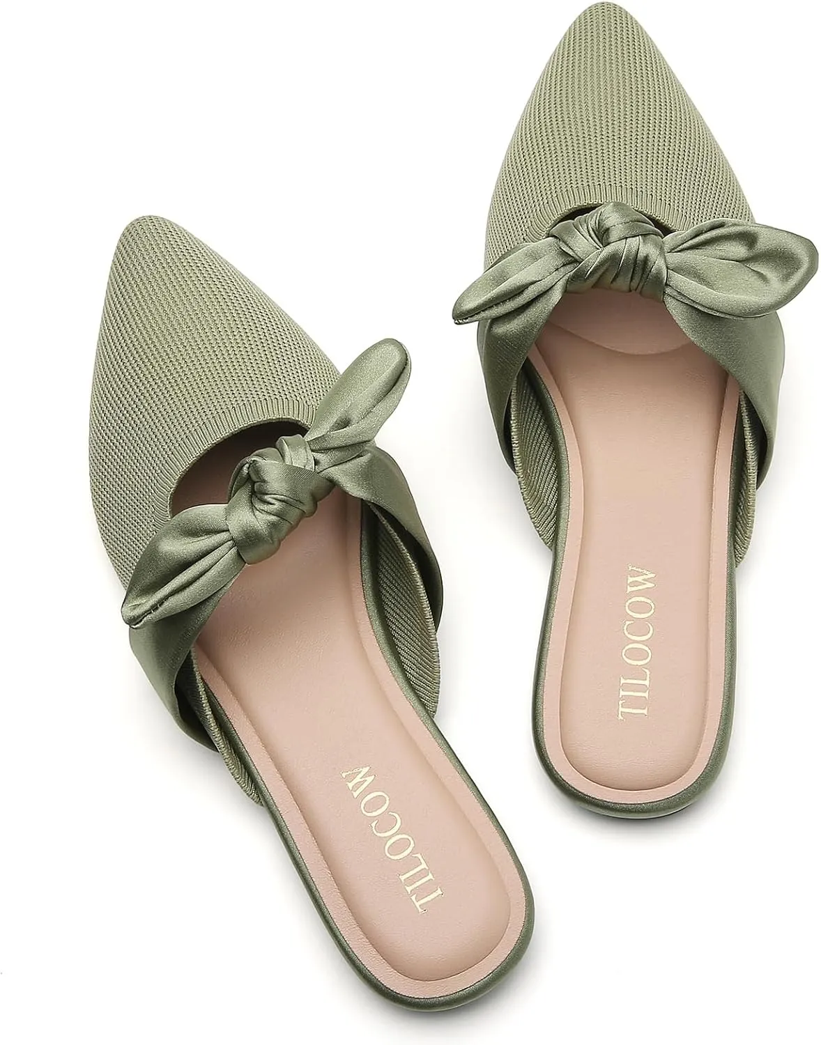 Tilocow Knit Mules for Woman Pointed Toe Flats Bow Mules Slip On Slides Flats Shoes Women Dressy Comfortable