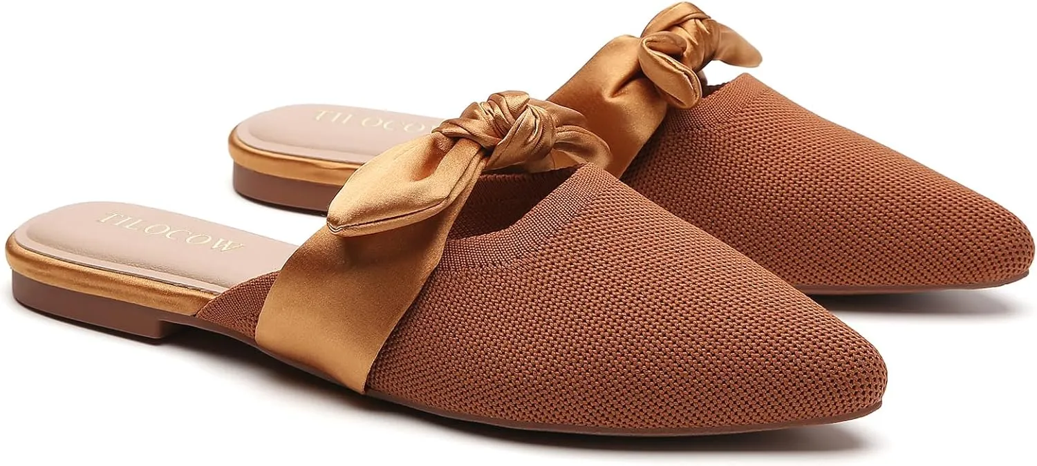 Tilocow Knit Mules for Woman Pointed Toe Flats Bow Mules Slip On Slides Flats Shoes Women Dressy Comfortable