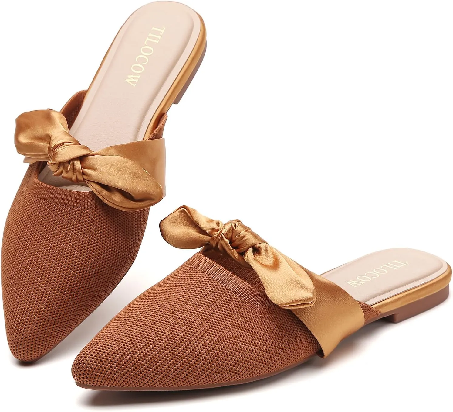 Tilocow Knit Mules for Woman Pointed Toe Flats Bow Mules Slip On Slides Flats Shoes Women Dressy Comfortable