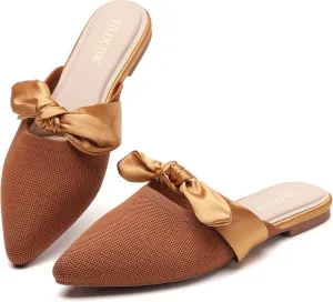 Tilocow Knit Mules for Woman Pointed Toe Flats Bow Mules Slip On Slides Flats Shoes Women Dressy Comfortable