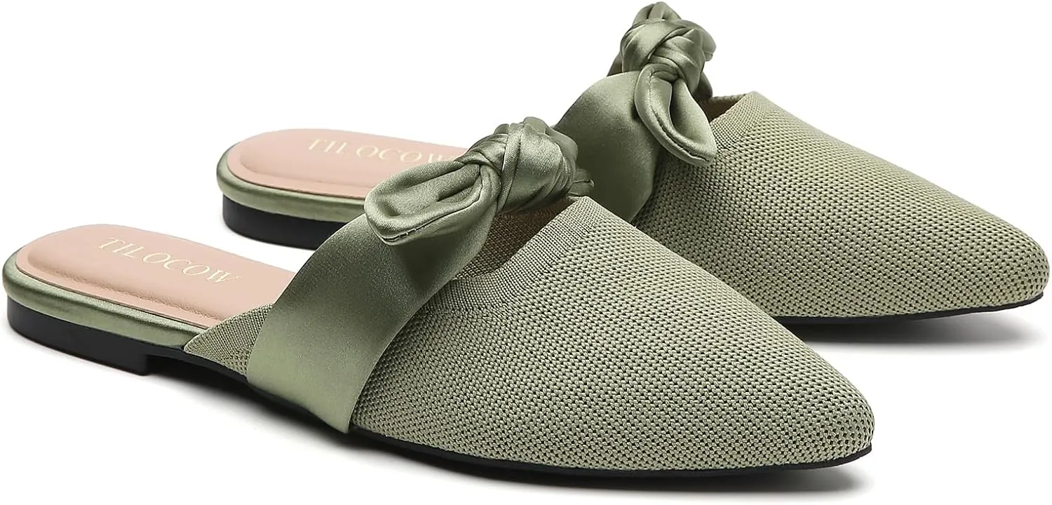 Tilocow Knit Mules for Woman Pointed Toe Flats Bow Mules Slip On Slides Flats Shoes Women Dressy Comfortable