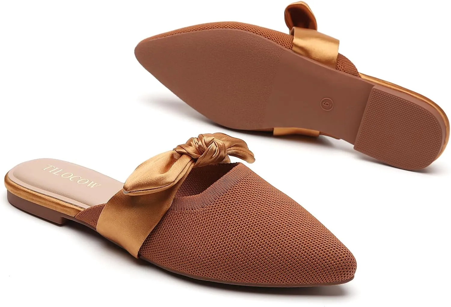 Tilocow Knit Mules for Woman Pointed Toe Flats Bow Mules Slip On Slides Flats Shoes Women Dressy Comfortable