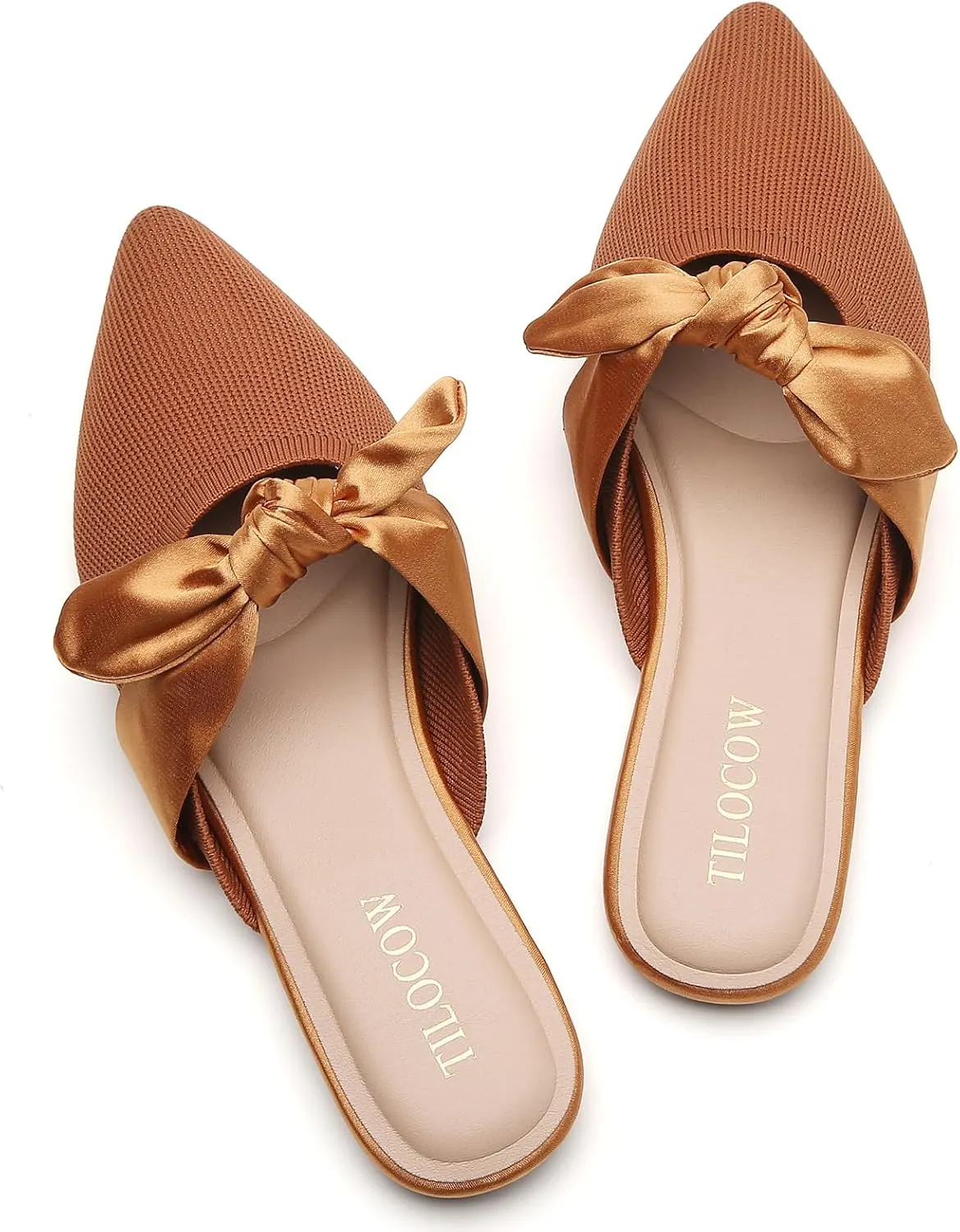 Tilocow Knit Mules for Woman Pointed Toe Flats Bow Mules Slip On Slides Flats Shoes Women Dressy Comfortable