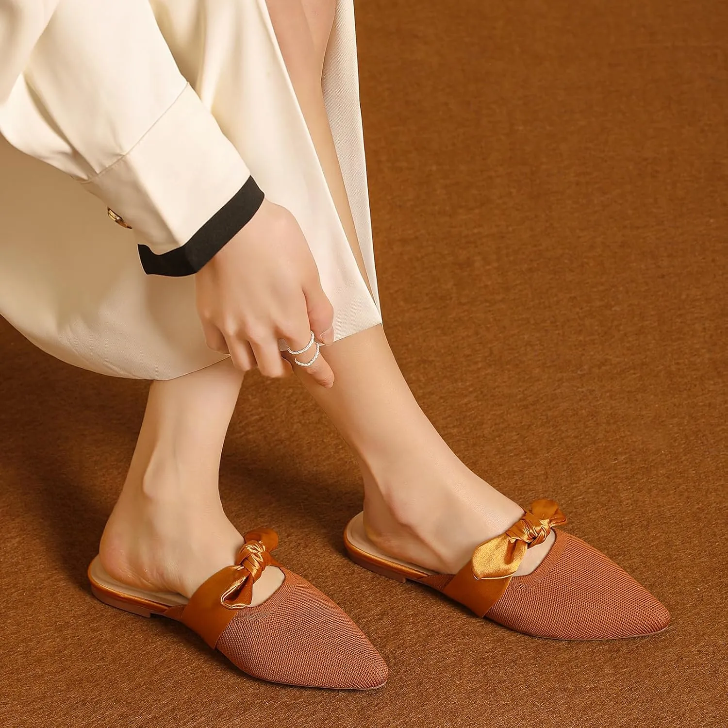 Tilocow Knit Mules for Woman Pointed Toe Flats Bow Mules Slip On Slides Flats Shoes Women Dressy Comfortable