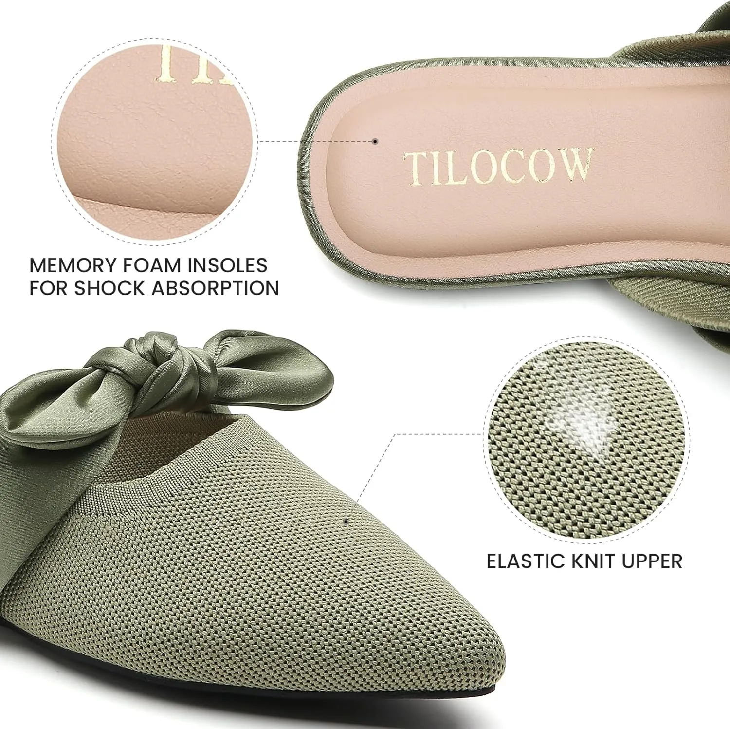 Tilocow Knit Mules for Woman Pointed Toe Flats Bow Mules Slip On Slides Flats Shoes Women Dressy Comfortable