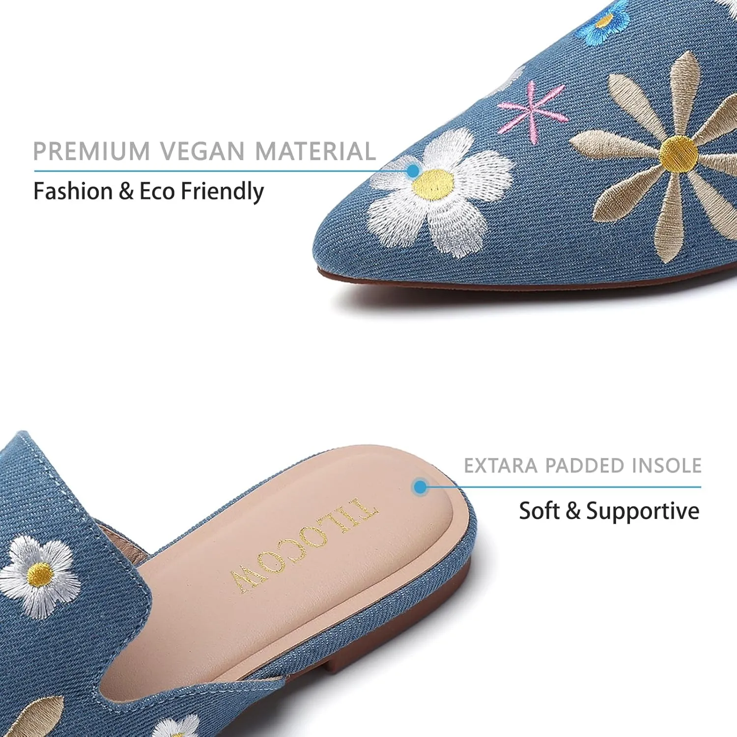 Tilocow Mules for Woman Comfortable Pointed Toe Backless Loafers Flat Mule Business Casual Shoes Slides Slip on