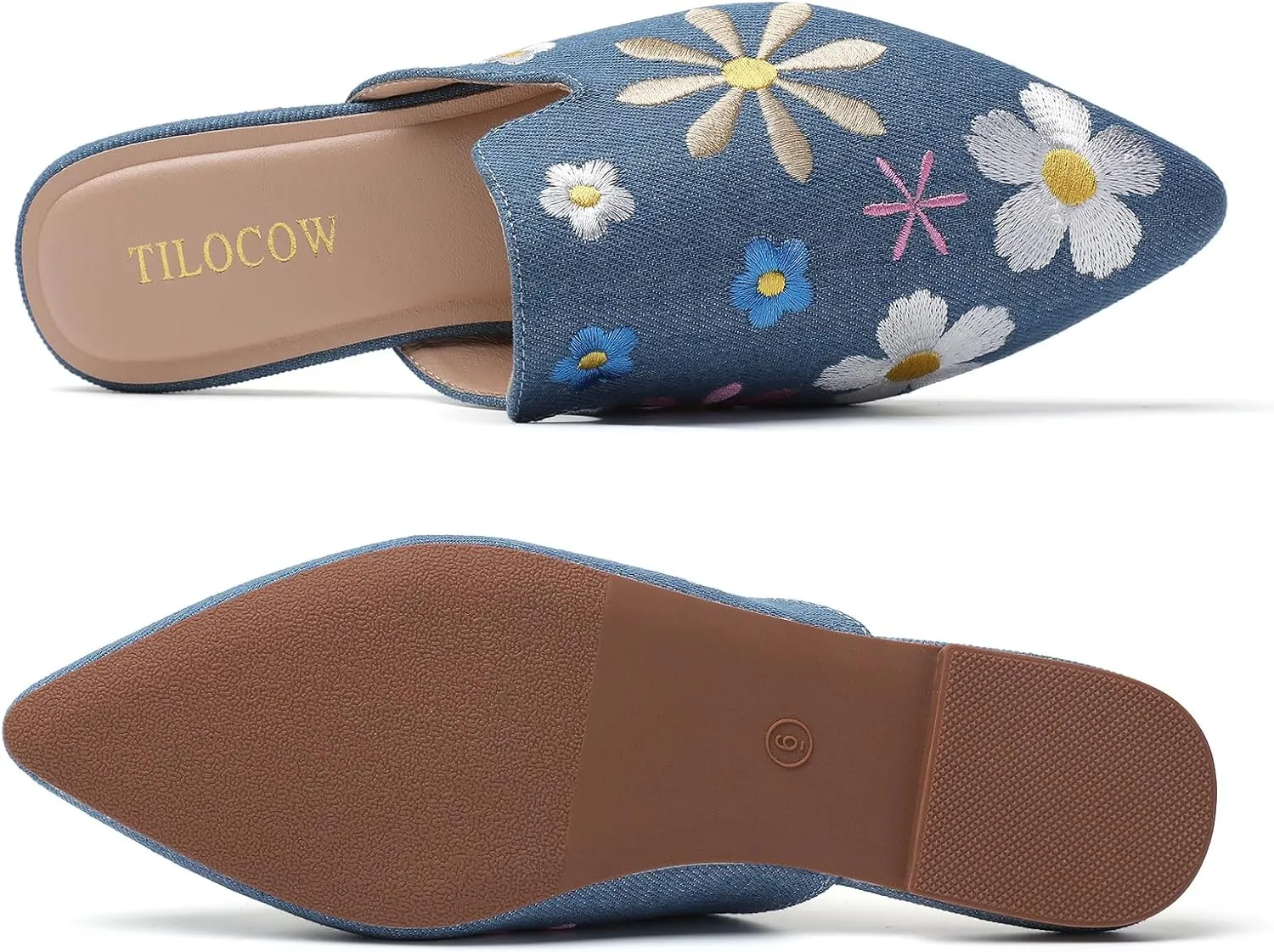 Tilocow Mules for Woman Comfortable Pointed Toe Backless Loafers Flat Mule Business Casual Shoes Slides Slip on