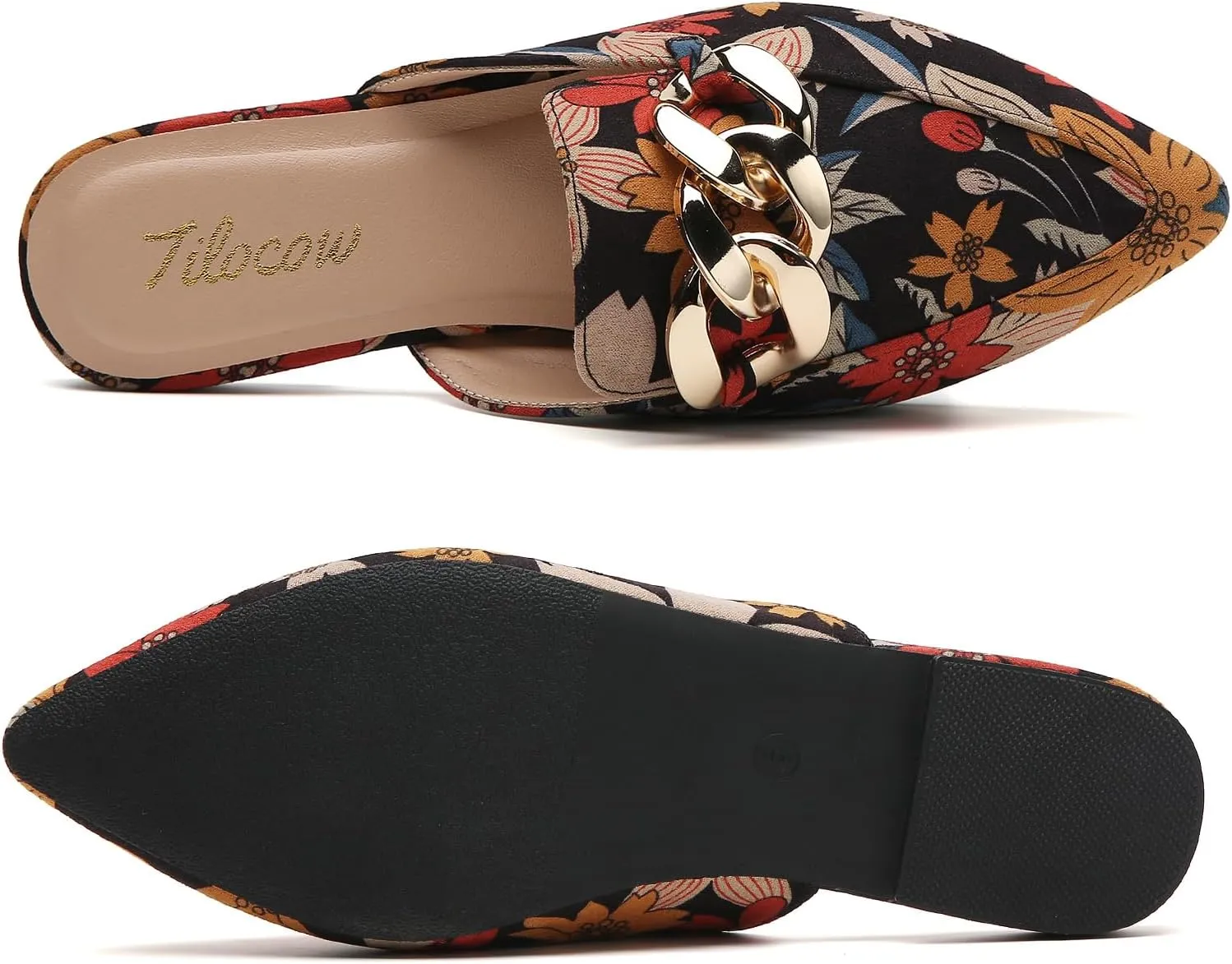 Tilocow Mules for Woman - Flats Shoes Women Dressy Comfortable Mules Metal Chain Slip Ons Backless Loafers Fashion 2023 Shoes