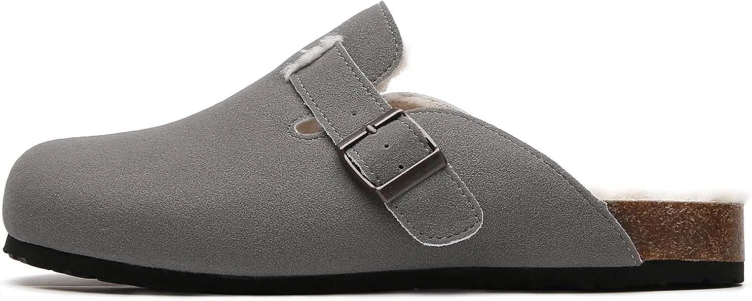 Tilocow Women's Suede Clogs Comfortable Fuzzy Cork Footbed Mules Slip On Winter Clogs