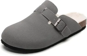 Tilocow Women's Suede Clogs Comfortable Fuzzy Cork Footbed Mules Slip On Winter Clogs