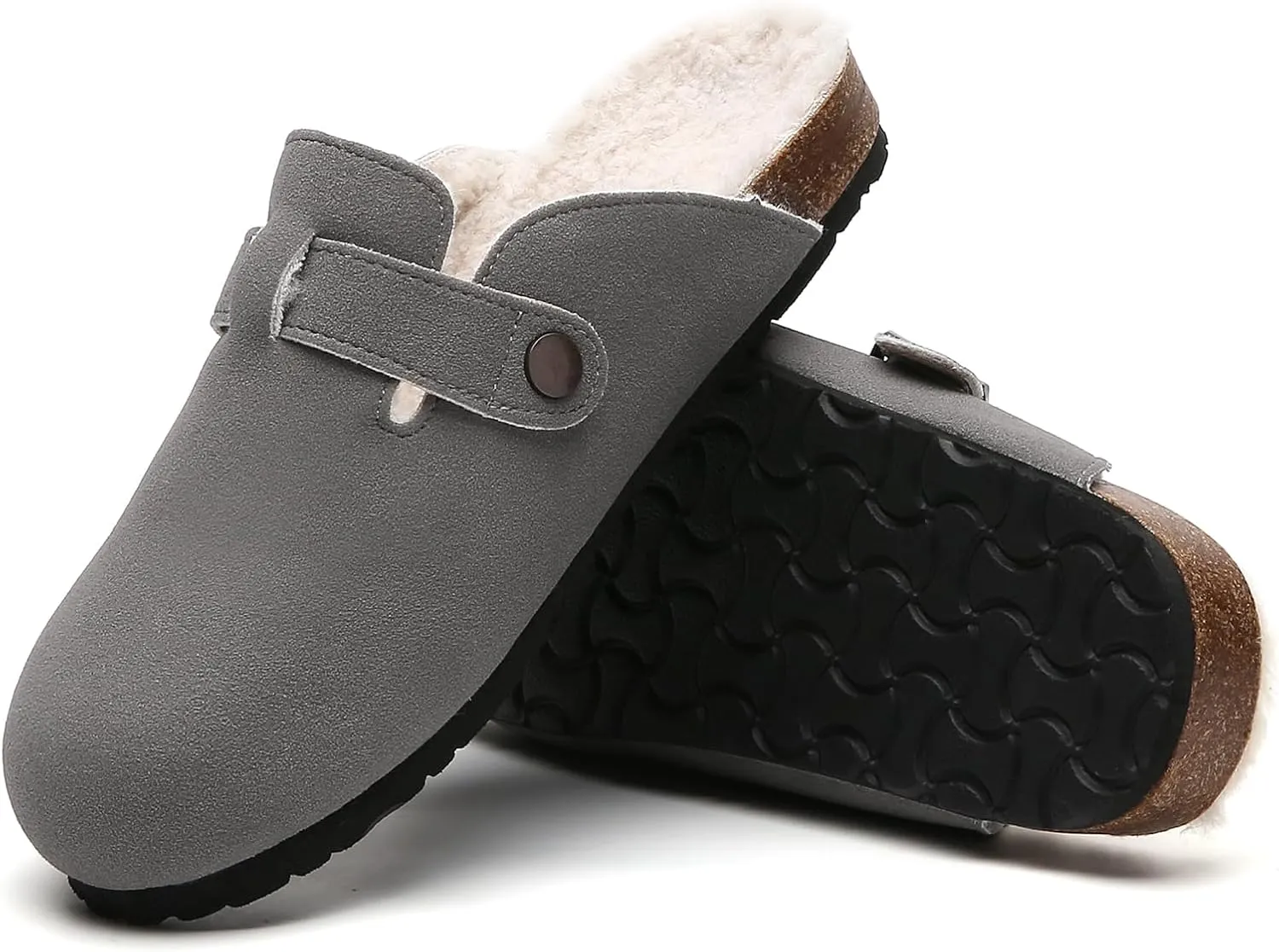 Tilocow Women's Suede Clogs Comfortable Fuzzy Cork Footbed Mules Slip On Winter Clogs
