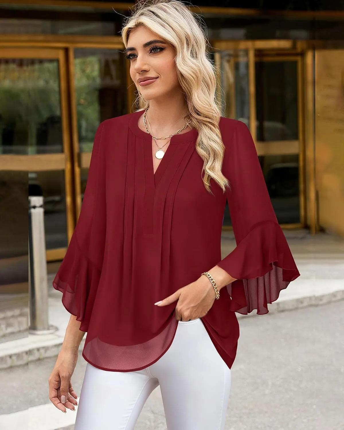 Timeson Women's 3/4 Sleeve Tops Dressy Casual Business Work Blouses Chiffon Office Shirts