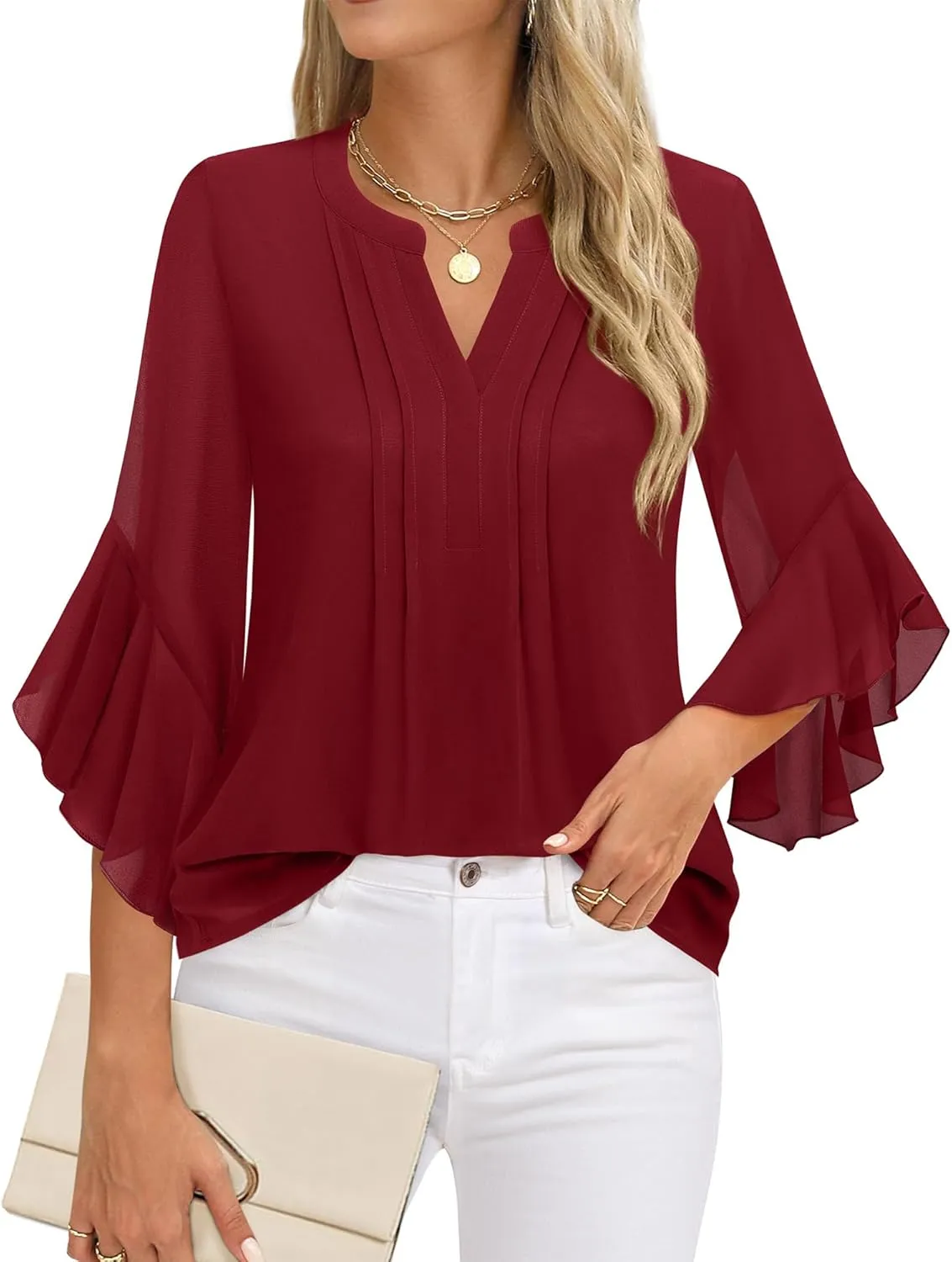 Timeson Women's 3/4 Sleeve Tops Dressy Casual Business Work Blouses Chiffon Office Shirts