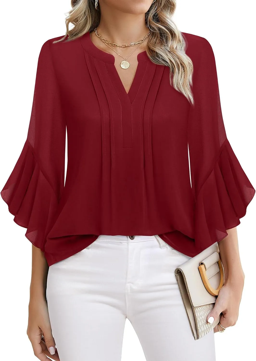 Timeson Women's 3/4 Sleeve Tops Dressy Casual Business Work Blouses Chiffon Office Shirts