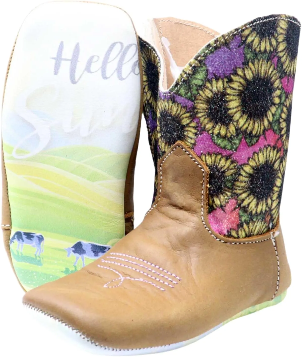 Tin Haul Western Boots, Sunflower Print Shaft, Brown Leather, Side Zip Closure,