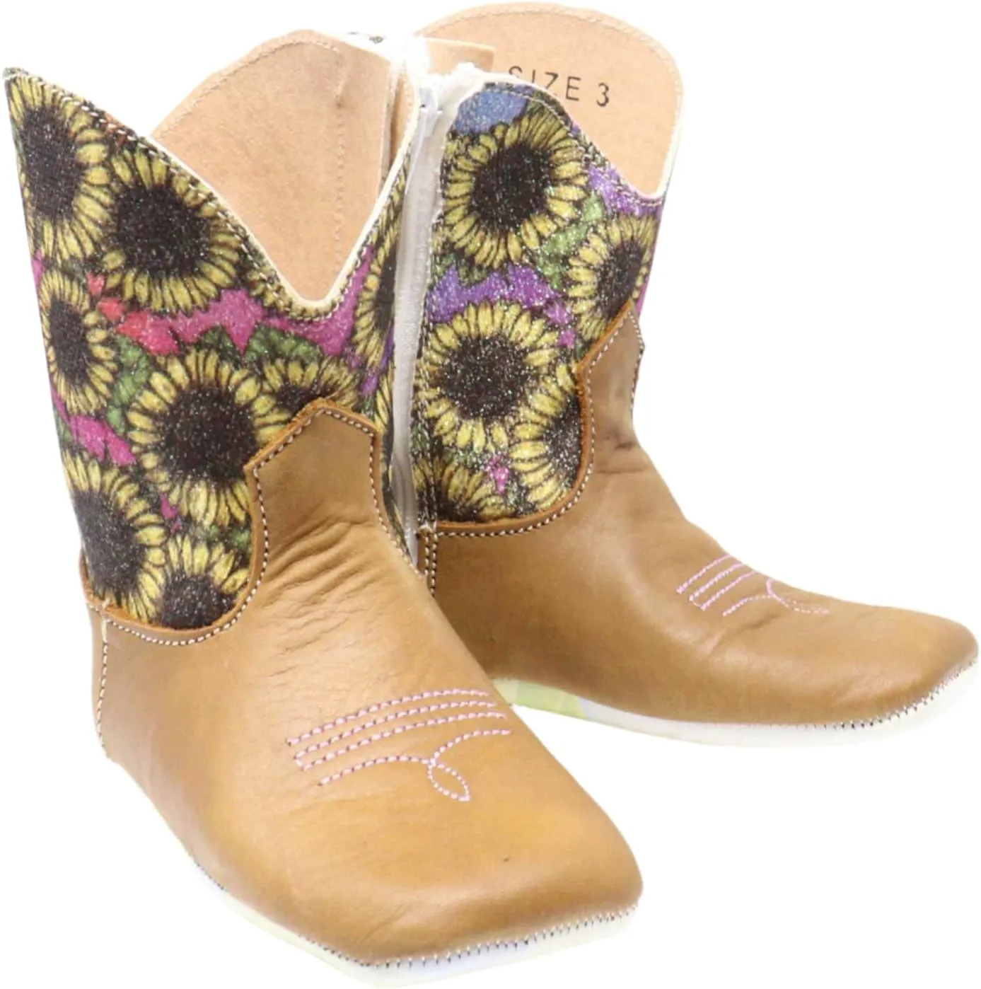 Tin Haul Western Boots, Sunflower Print Shaft, Brown Leather, Side Zip Closure,