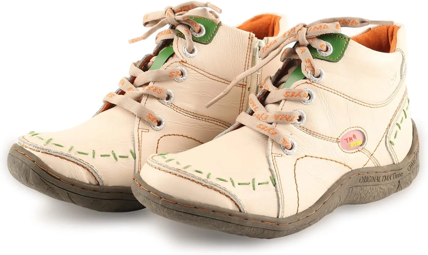 TMA EYES Women Stitching Shoes Leather Lace-up Low Heel Handwork Casual Boots