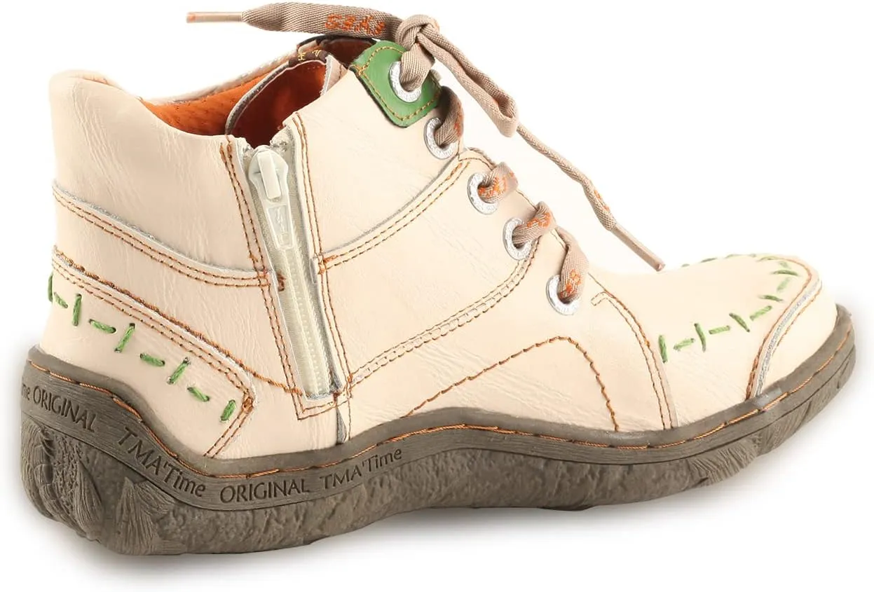 TMA EYES Women Stitching Shoes Leather Lace-up Low Heel Handwork Casual Boots