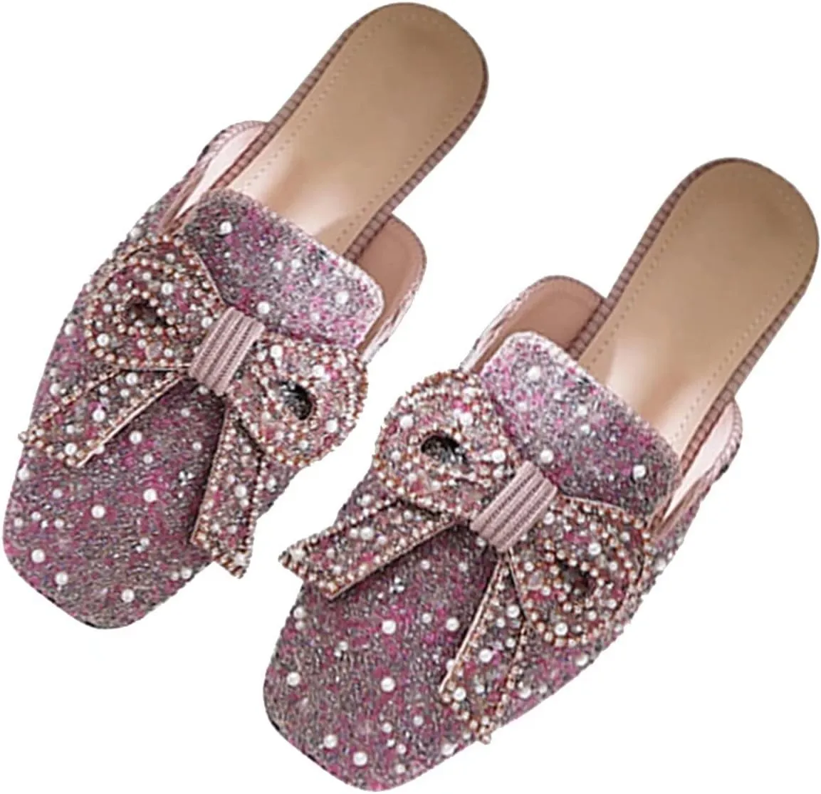 TN TANGNEST Women's Flat Mules Comfortable Rhinestone Bow Square Toe Slip on Loafers Slides Backless Mules Shoes