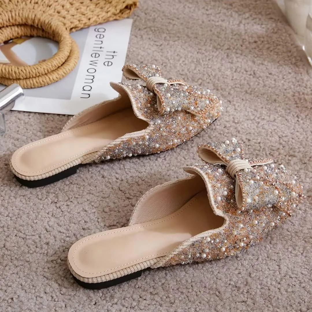 TN TANGNEST Women's Flat Mules Comfortable Rhinestone Bow Square Toe Slip on Loafers Slides Backless Mules Shoes