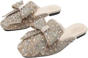 TN TANGNEST Women's Flat Mules Comfortable Rhinestone Bow Square Toe Slip on Loafers Slides Backless Mules Shoes