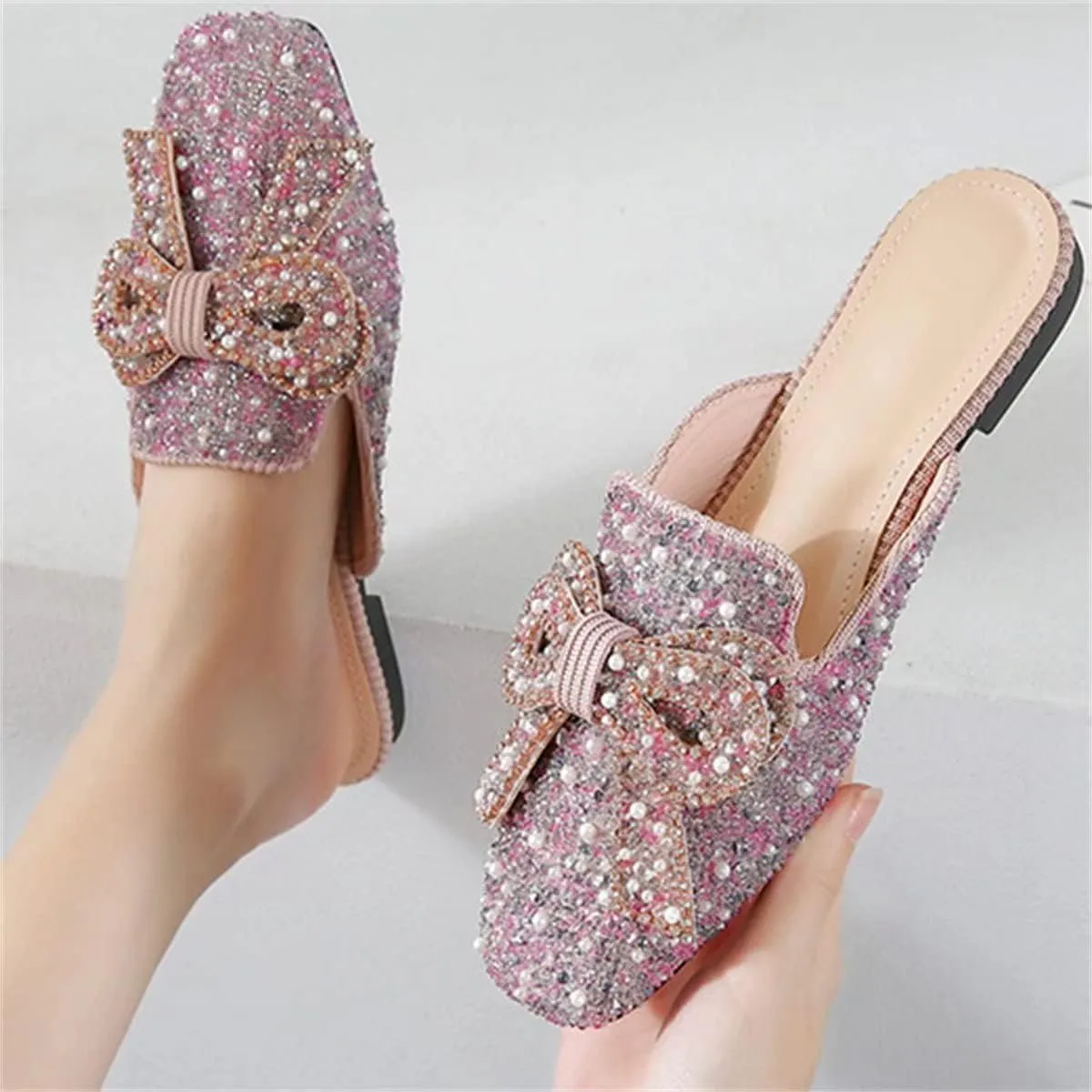 TN TANGNEST Women's Flat Mules Comfortable Rhinestone Bow Square Toe Slip on Loafers Slides Backless Mules Shoes