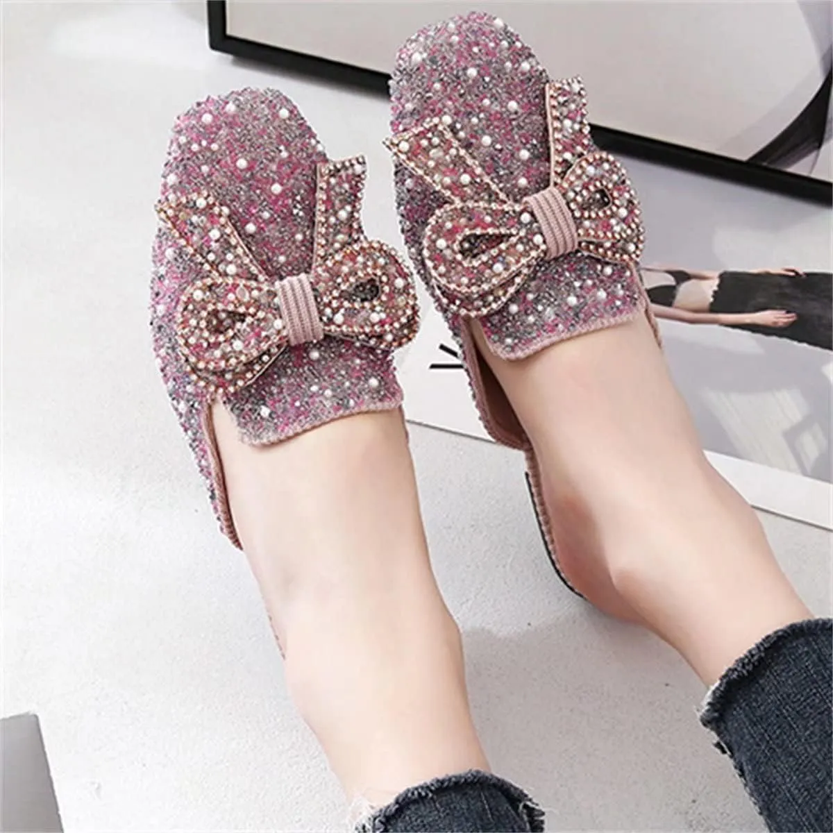 TN TANGNEST Women's Flat Mules Comfortable Rhinestone Bow Square Toe Slip on Loafers Slides Backless Mules Shoes