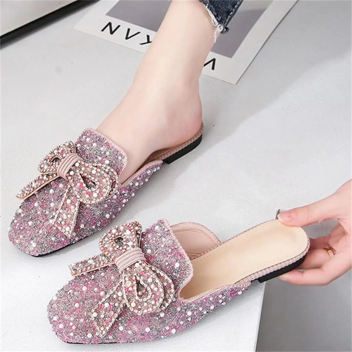 TN TANGNEST Women's Flat Mules Comfortable Rhinestone Bow Square Toe Slip on Loafers Slides Backless Mules Shoes