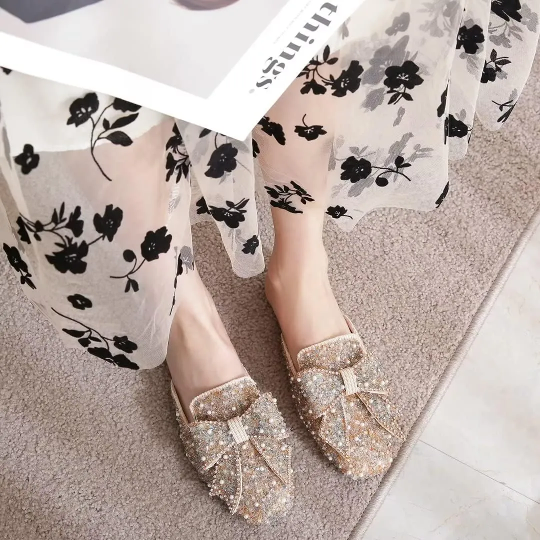 TN TANGNEST Women's Flat Mules Comfortable Rhinestone Bow Square Toe Slip on Loafers Slides Backless Mules Shoes