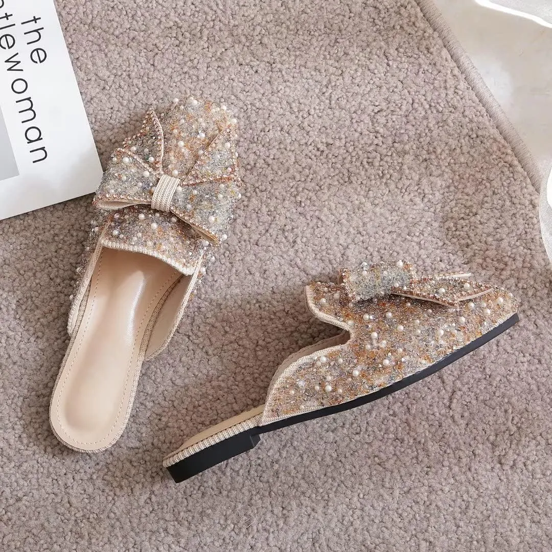TN TANGNEST Women's Flat Mules Comfortable Rhinestone Bow Square Toe Slip on Loafers Slides Backless Mules Shoes