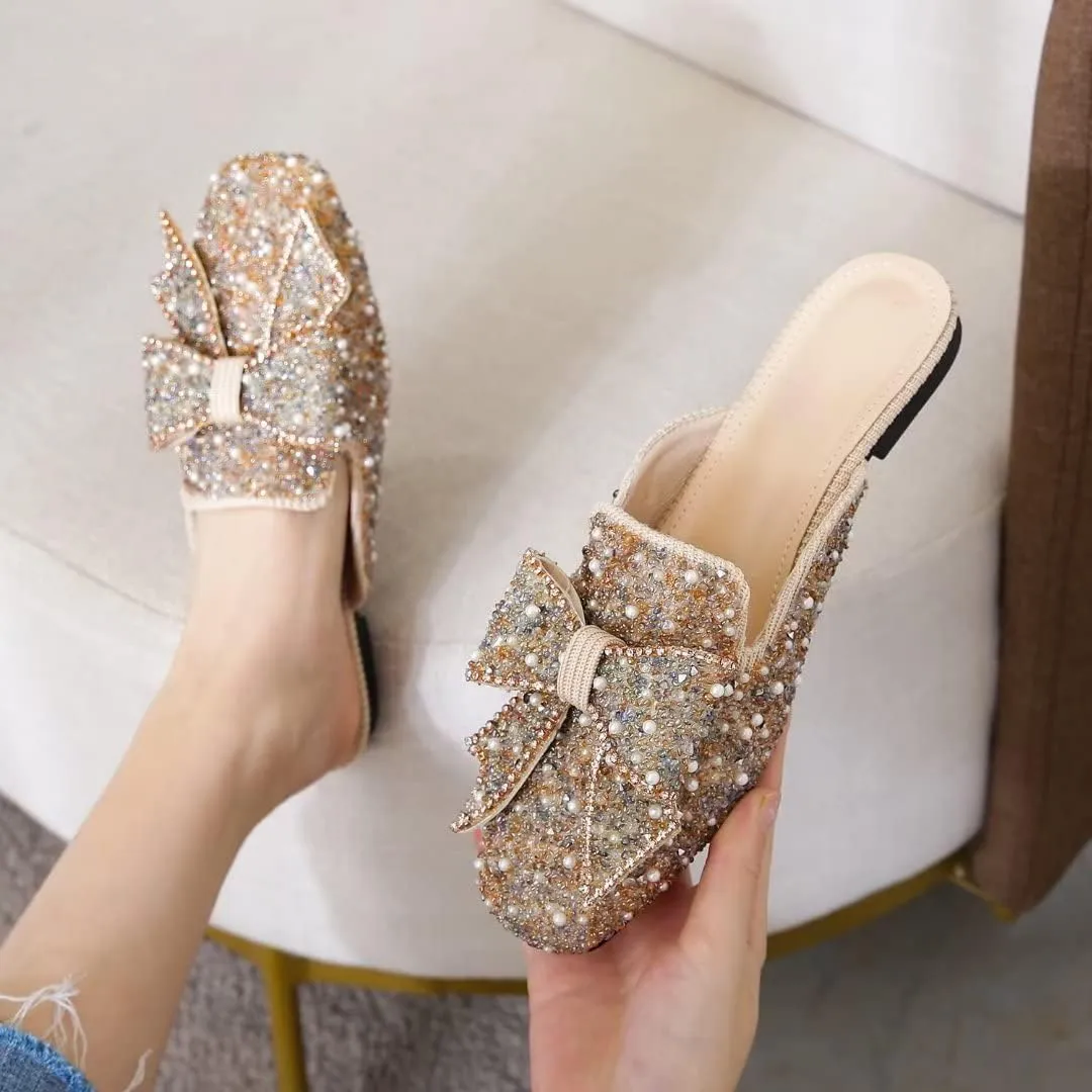 TN TANGNEST Women's Flat Mules Comfortable Rhinestone Bow Square Toe Slip on Loafers Slides Backless Mules Shoes