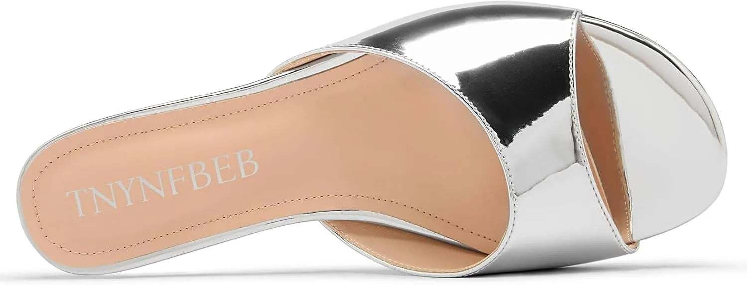 TNYNFBEB Womens Low Kitten Heel Peep Open Toe Mules Shoes Sandals Slingback Wedding Prom Dress Patent Leather Summer 1.4 Inches Heels