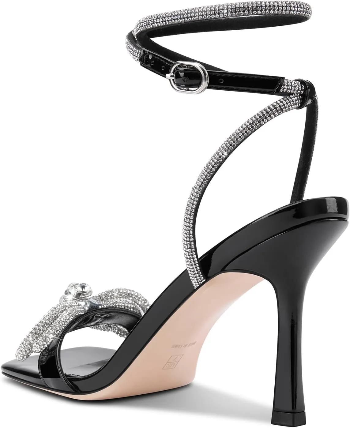 TNYNFBEB Womens Stiletto High Heel Open Square Toe Sandals Ankle Strap Two-Piece Buckle Rhinestone Crystal Bow-knot Prom Dress Summer 3.5 Inches Heels