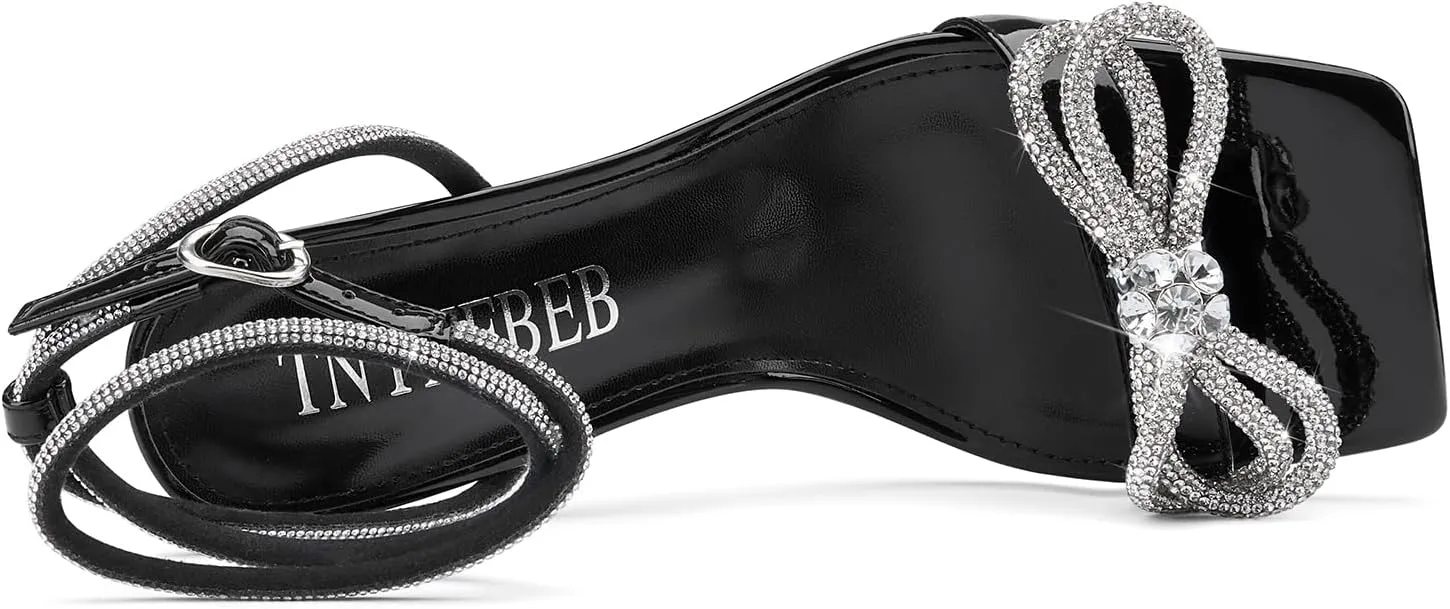 TNYNFBEB Womens Stiletto High Heel Open Square Toe Sandals Ankle Strap Two-Piece Buckle Rhinestone Crystal Bow-knot Prom Dress Summer 3.5 Inches Heels